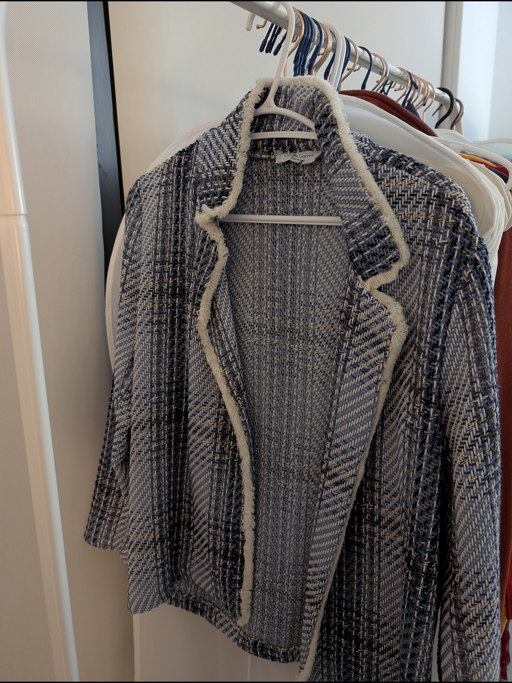 Woven Blue and White Tweed Open-Front Jacket